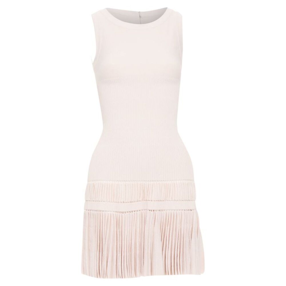 Alaia Pink Open Work Drop Waist Plisse Fringe Knit Dress